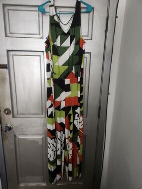 Ashley Stewart Green Multi-Color Sleeveless Maxi Jumpsuit with Geometric Print
